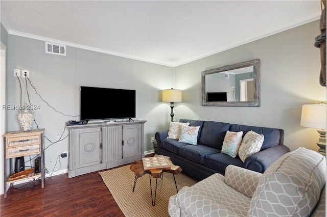 living room featuring ornamental molding and dark hardwood / wood-style floors