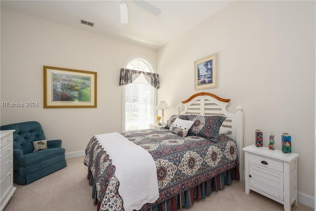 carpeted bedroom featuring ceiling fan