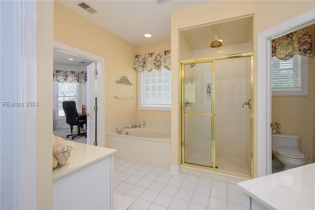 full bathroom featuring vanity, toilet, tile patterned floors, and plus walk in shower