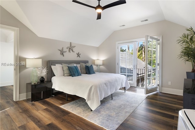 bedroom with ceiling fan, lofted ceiling, dark hardwood / wood-style floors, and access to outside