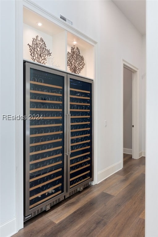 wine cellar featuring dark hardwood / wood-style flooring