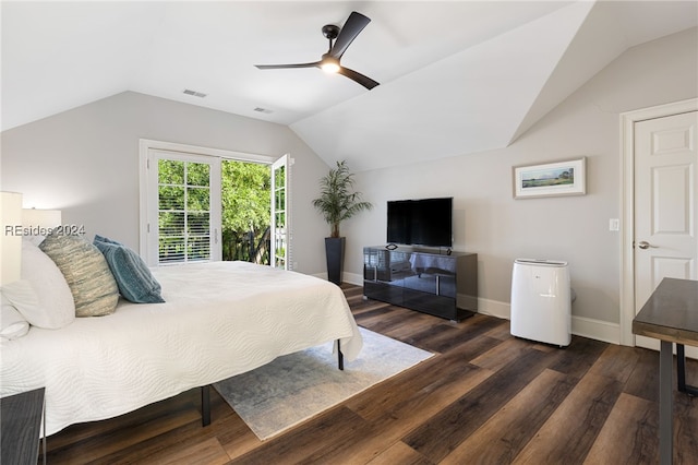 bedroom featuring lofted ceiling, dark hardwood / wood-style floors, and ceiling fan