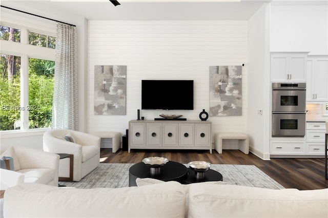 living room with a healthy amount of sunlight, wooden walls, and dark hardwood / wood-style flooring