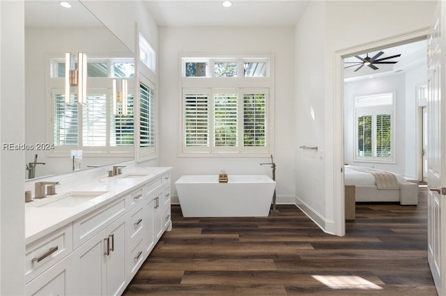 bathroom featuring vanity, a bath, hardwood / wood-style flooring, and plenty of natural light