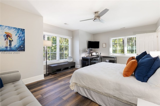 bedroom with dark hardwood / wood-style flooring, multiple windows, and ceiling fan