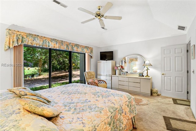 carpeted bedroom featuring access to outside and ceiling fan