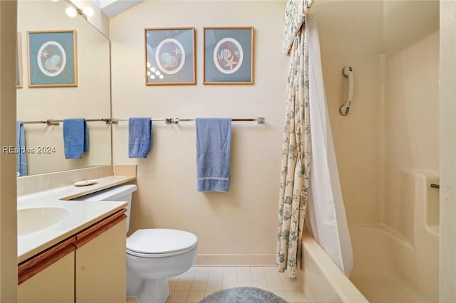 full bathroom featuring vanity, shower / tub combo, and toilet