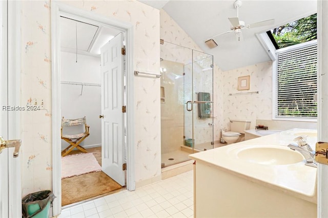 bathroom with lofted ceiling, a shower with door, ceiling fan, tile patterned floors, and toilet