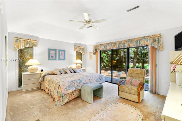 bedroom featuring light colored carpet, access to exterior, and ceiling fan