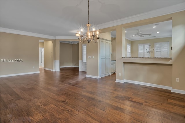 interior space with ornamental molding, ceiling fan with notable chandelier, and dark hardwood / wood-style flooring