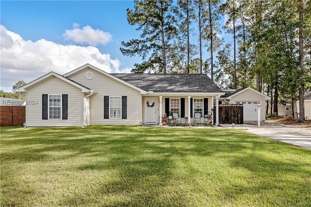 single story home featuring a garage, a front yard, and covered porch