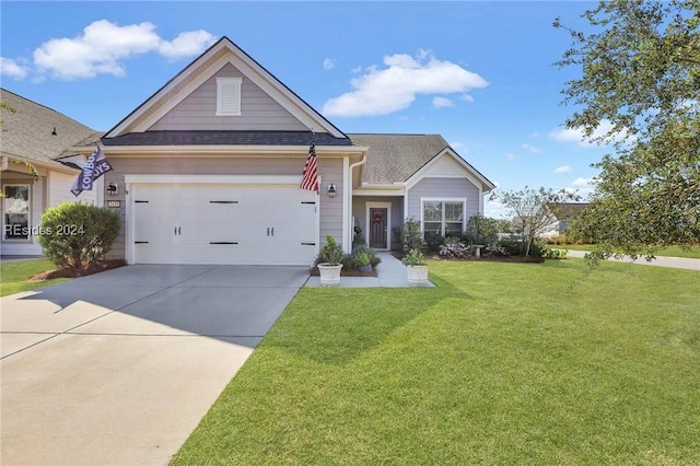 craftsman inspired home featuring a garage and a front yard