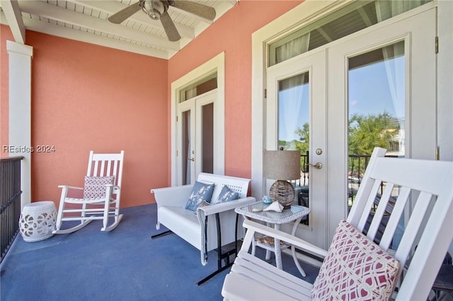 view of patio with ceiling fan and french doors