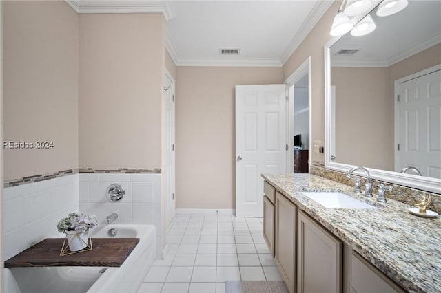 bathroom with crown molding, tile patterned floors, vanity, and a washtub