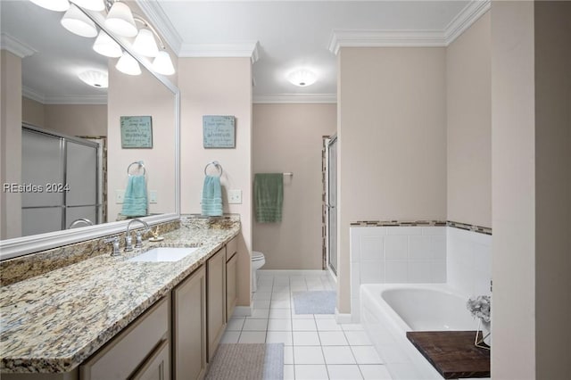 full bathroom featuring crown molding, tile patterned flooring, vanity, independent shower and bath, and toilet