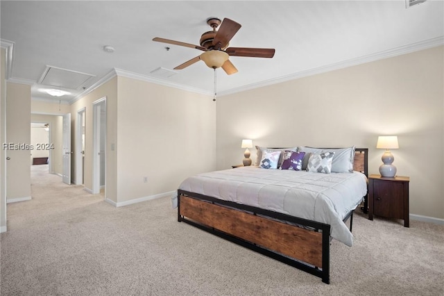 carpeted bedroom with ornamental molding and ceiling fan