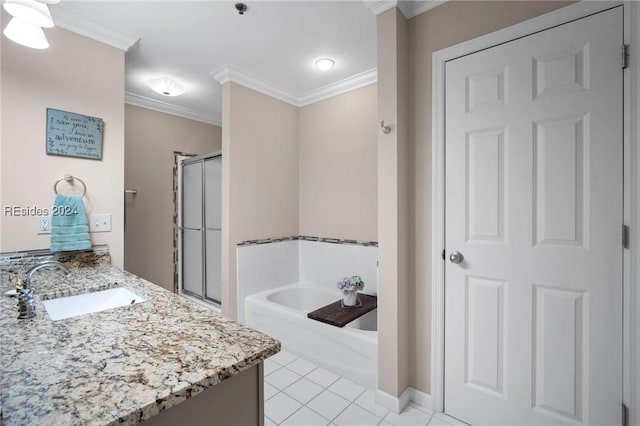 bathroom featuring tile patterned flooring, ornamental molding, separate shower and tub, and vanity