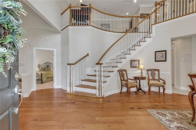 foyer featuring wood-type flooring and a towering ceiling