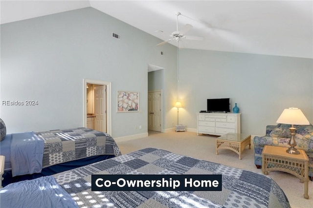 carpeted bedroom featuring high vaulted ceiling and ceiling fan