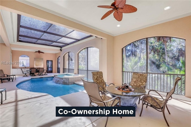 view of swimming pool featuring ceiling fan