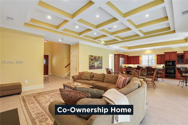 tiled living room featuring coffered ceiling, beam ceiling, and crown molding