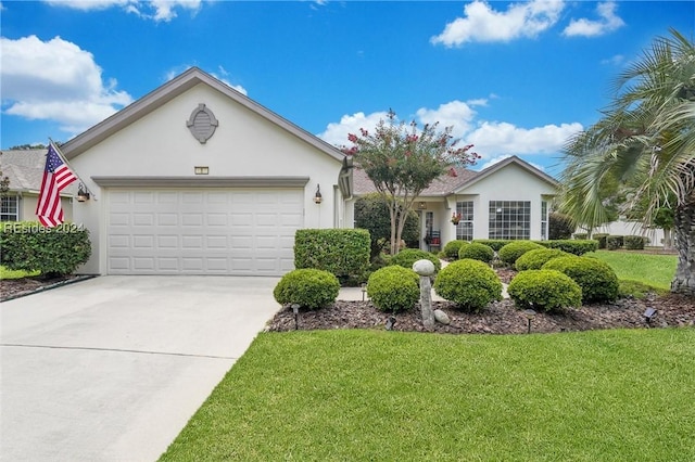 ranch-style house featuring a garage and a front yard