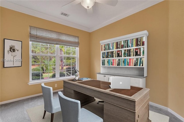 carpeted office space featuring ceiling fan and ornamental molding