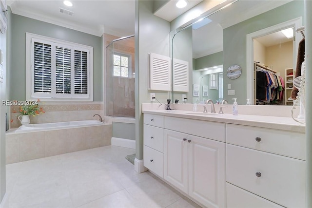 bathroom featuring vanity, tile patterned flooring, independent shower and bath, and crown molding