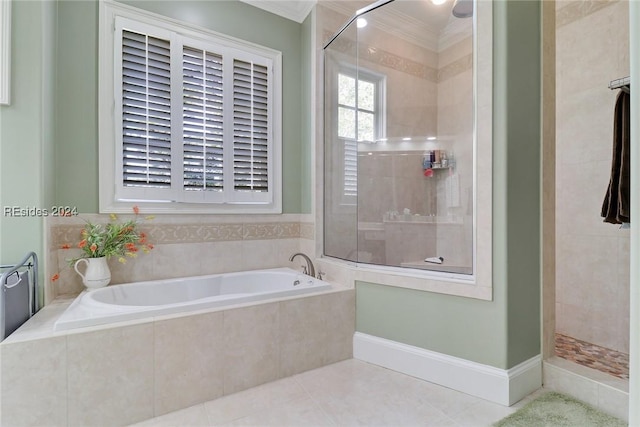 bathroom with ornamental molding, separate shower and tub, and tile patterned flooring