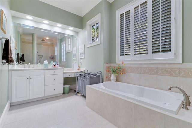 bathroom featuring tile patterned flooring, vanity, shower with separate bathtub, and ornamental molding