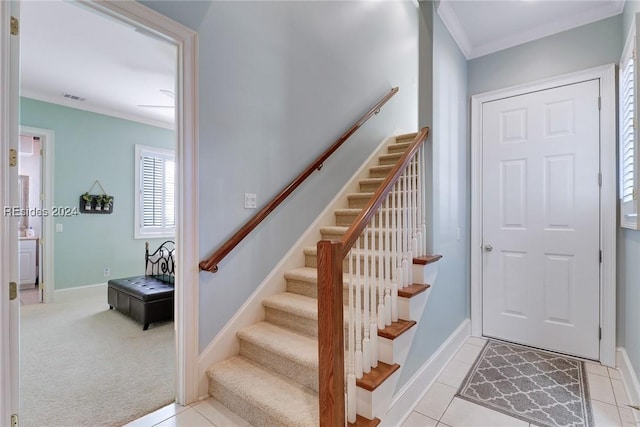 stairs with ornamental molding and carpet floors