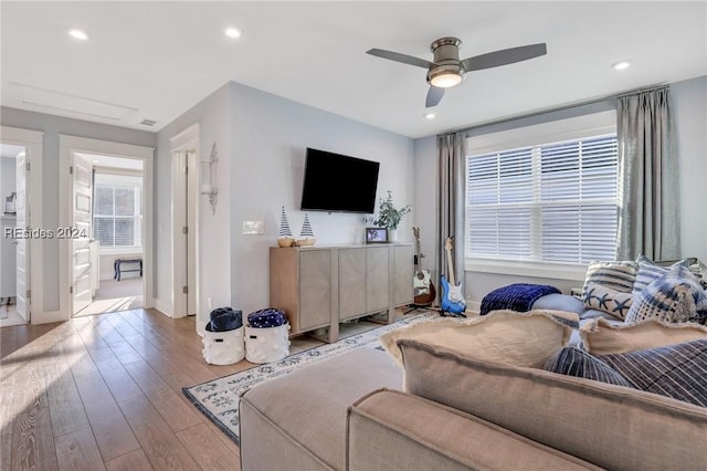 living room with ceiling fan and light hardwood / wood-style flooring