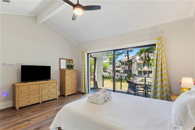 bedroom with access to exterior, lofted ceiling with beams, dark hardwood / wood-style floors, and ceiling fan