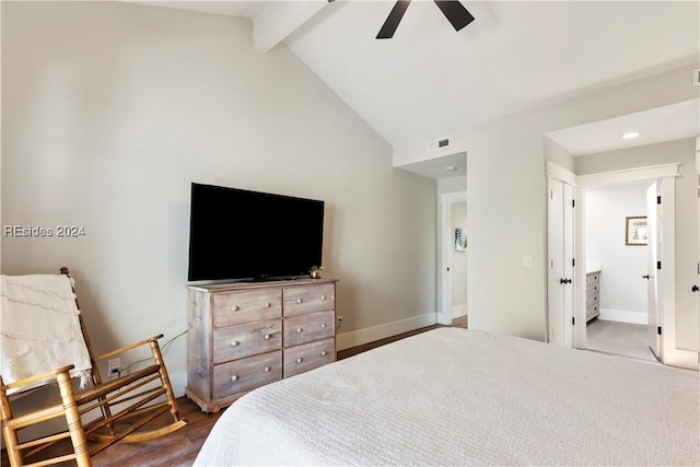 bedroom featuring connected bathroom, high vaulted ceiling, beamed ceiling, hardwood / wood-style flooring, and ceiling fan