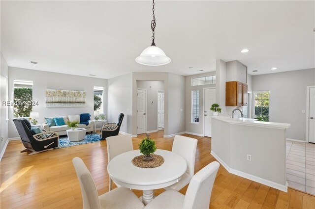 dining area featuring sink, light hardwood / wood-style floors, and a healthy amount of sunlight