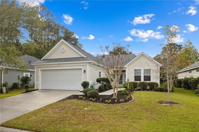 ranch-style house with a garage and a front yard