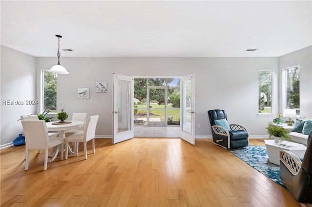 interior space featuring french doors, plenty of natural light, and light hardwood / wood-style flooring