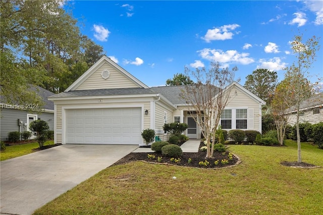 single story home with a garage and a front lawn