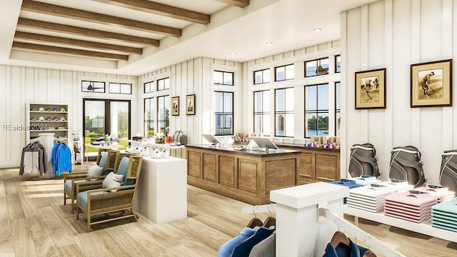 kitchen featuring french doors, light hardwood / wood-style floors, and a kitchen island