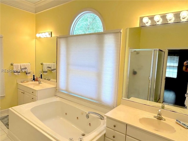 bathroom featuring vanity, crown molding, tile patterned floors, and independent shower and bath