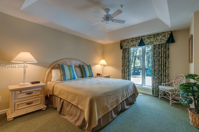 bedroom with carpet, ceiling fan, and a tray ceiling