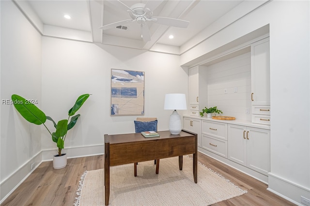 home office featuring ceiling fan and light wood-type flooring