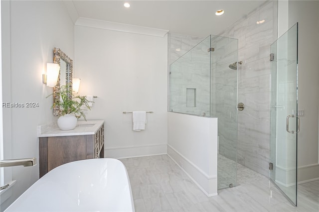 bathroom featuring crown molding and shower with separate bathtub