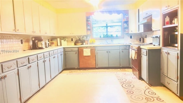 kitchen with sink, stainless steel electric range, gray cabinets, and dishwasher