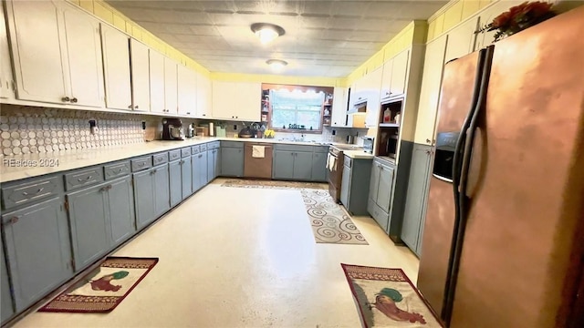 kitchen with gray cabinets, dishwasher, fridge with ice dispenser, and white stove