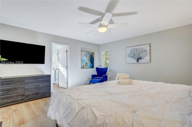 bedroom featuring ceiling fan and light hardwood / wood-style flooring