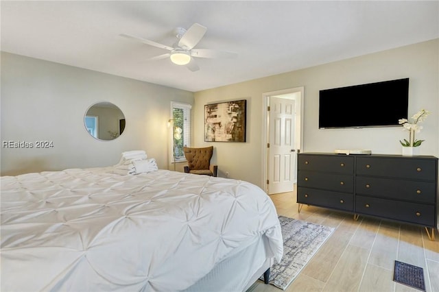 bedroom featuring light wood-type flooring and ceiling fan