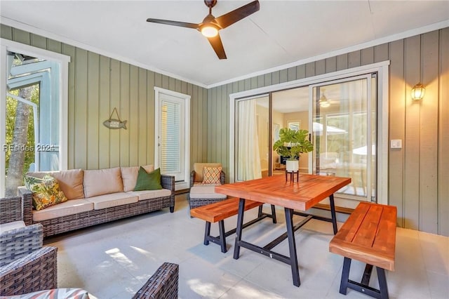 interior space featuring ceiling fan