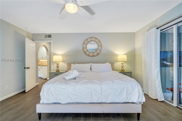 bedroom with wood-type flooring and ceiling fan