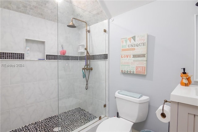 bathroom featuring vanity, tiled shower, and toilet